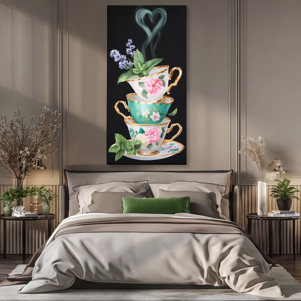 Tablou canvas cu stiva de cesti pictate cu flori, fara rama, pe sasiu de lemn, pe perete intr-un dormitor